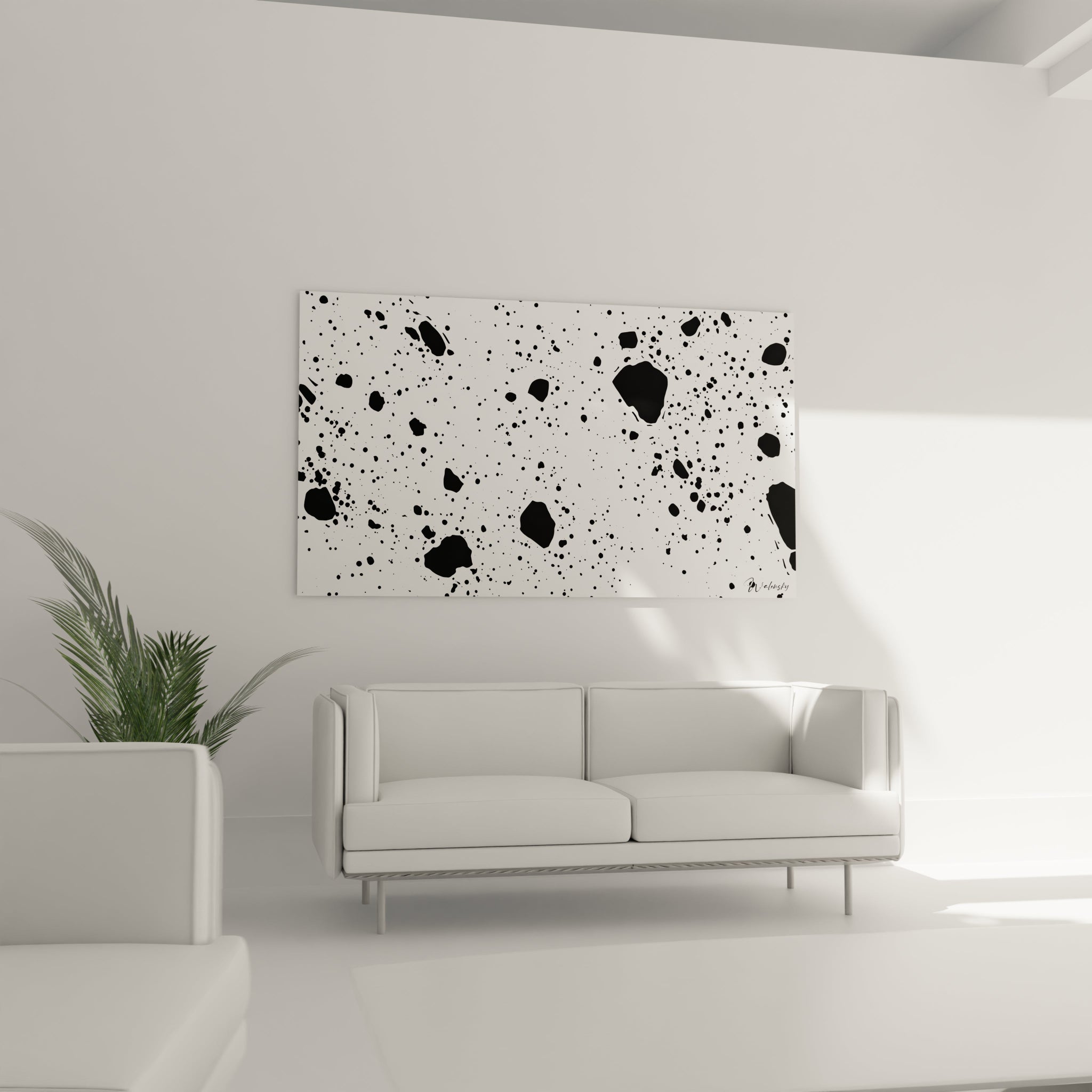 Tableau tacheté noir et blanc de Walensky décorant un intérieur moderne minimaliste