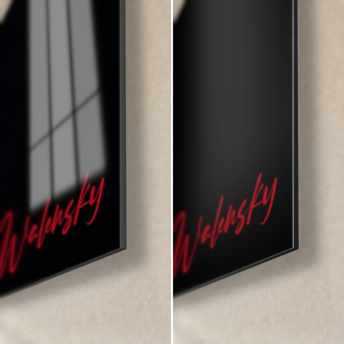 Cuadro fresa roja sobre negro, esquina inferior derecha, cristal brillante con reflejos y Dibond gris mate, firma roja Walensky, de canto