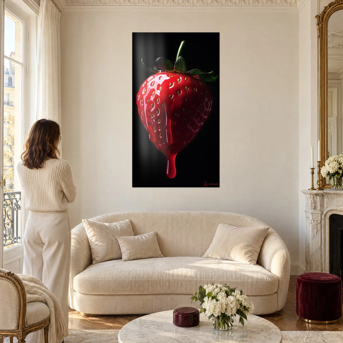 Gemälde Erdbeere in lackiertem Rot, überzogen von glänzendem Sirup auf schwarzem Hintergrund, cremefarbene Wand, über einem Sofa in einem hellen Wohnzimmer