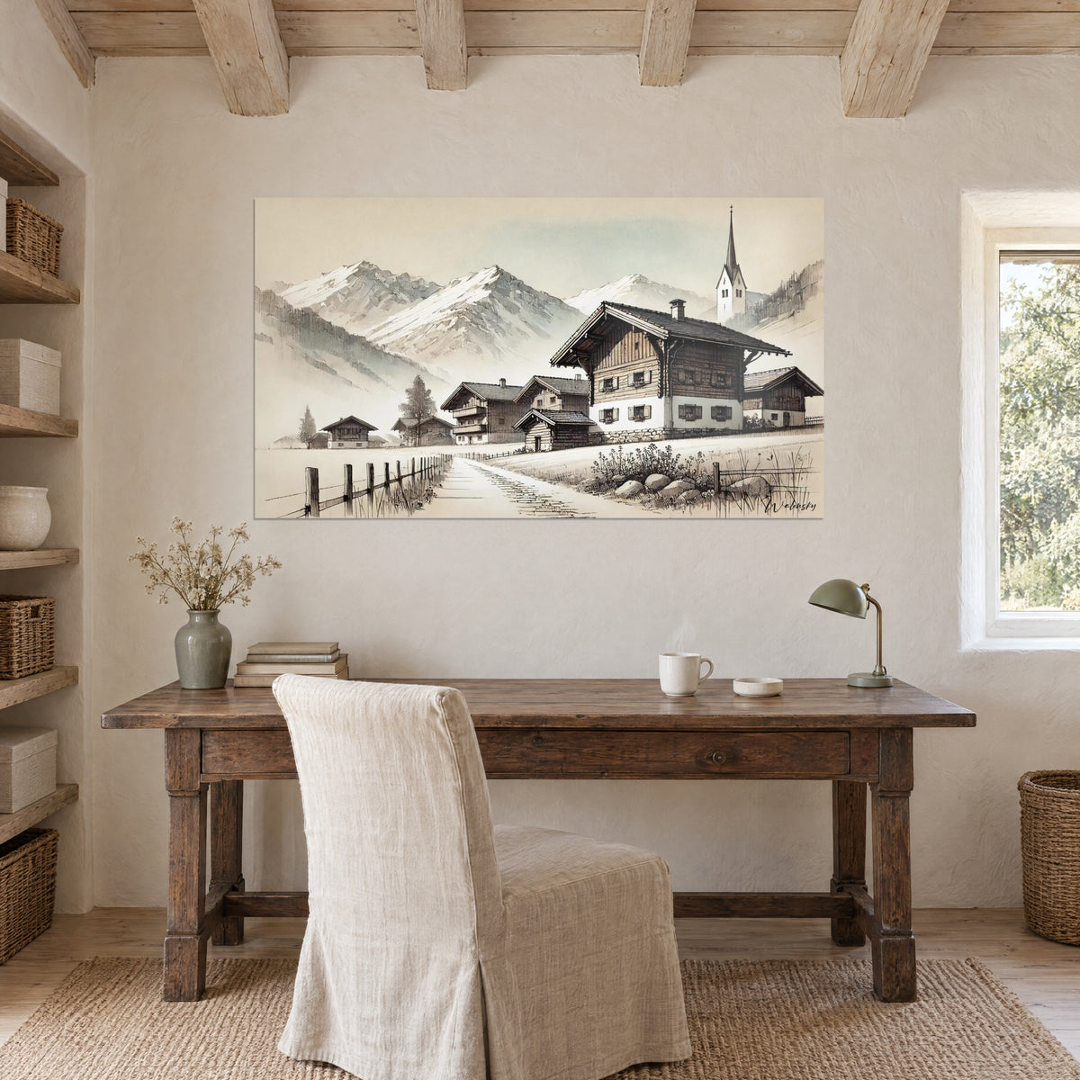 Tableau paysage vosgien en croquis, façade chaude de bois et de crépi blanc, cimes grisées, accroché au-dessus d'un bureau en bois ancien
