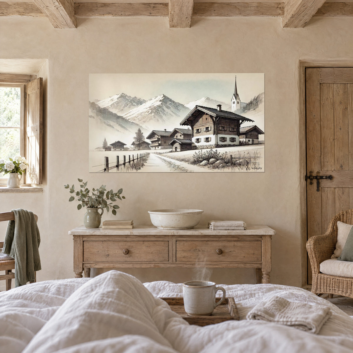 Tableau maison vosgienne à toit de bardeaux et pic neigeux au crayon, tons sépia et gris-bleu, au-dessus d'un lit dans une chambre claire