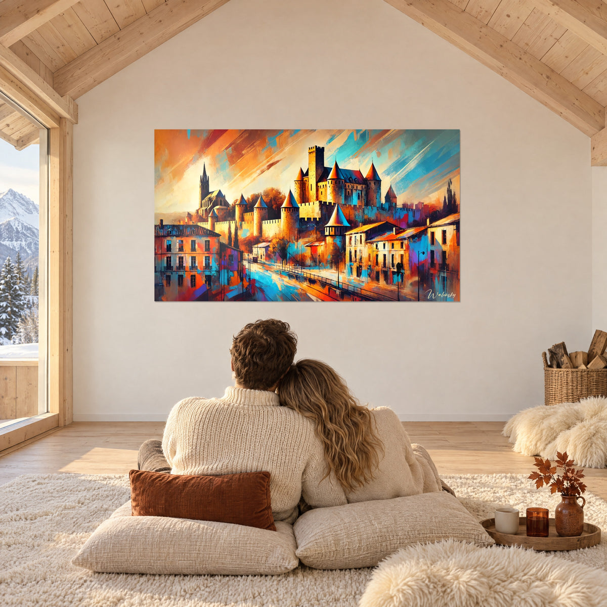 Gemälde einer befestigten Stadt mit goldenen Türmchen, elektrisch blauen Gassen und bunten Fassaden, vor einem Paar mit dem Rücken zum Betrachter auf Kissen