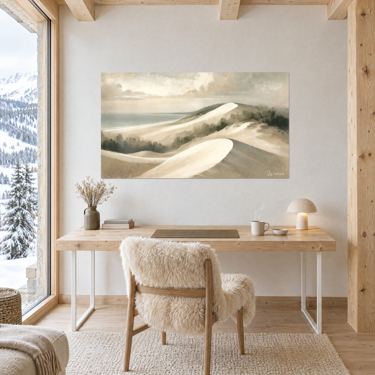 Wall art Pilat in sand and grey-green tones, luminous dune ridge under a cloudy sky, hung near a wooden desk