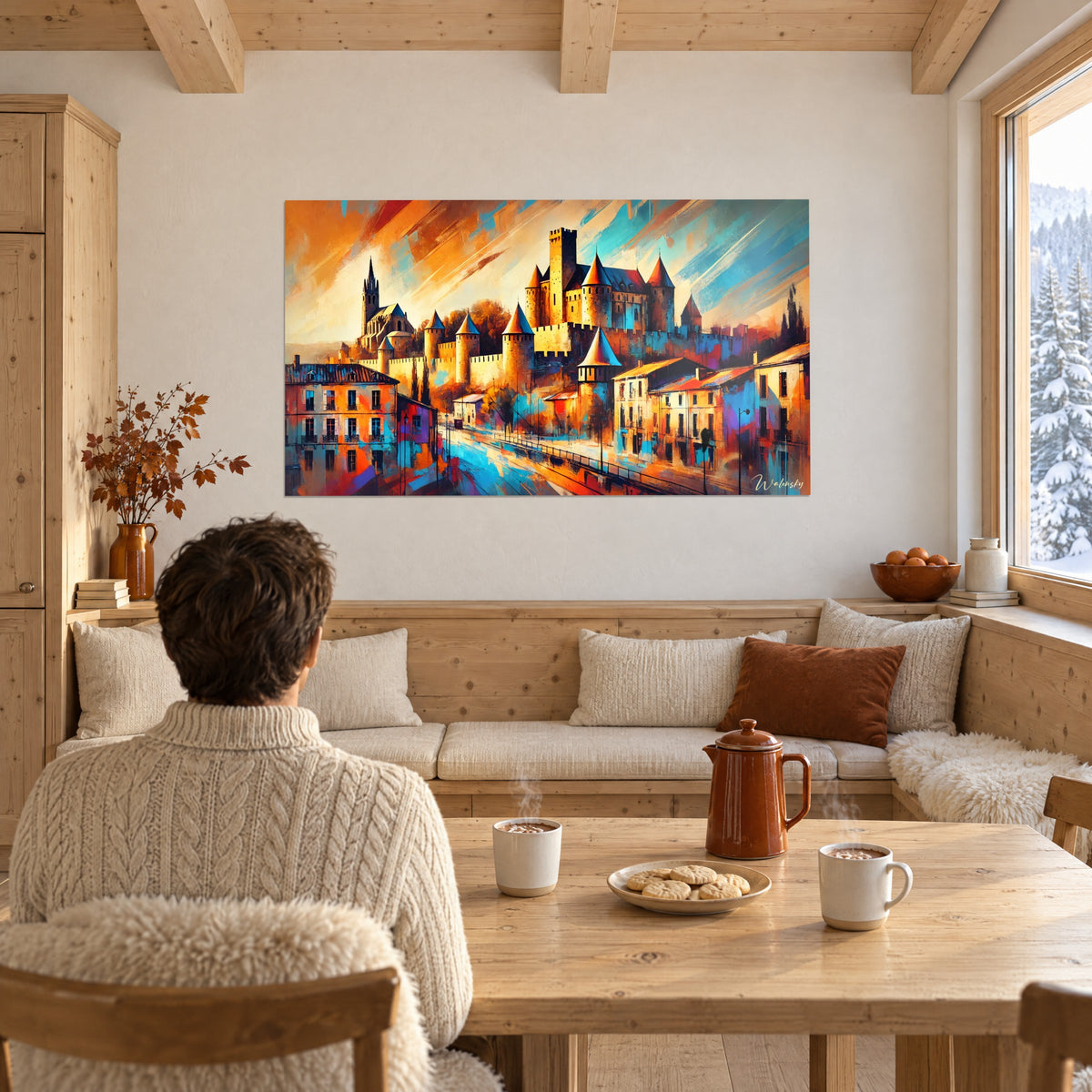 Gemälde eines Bergfrieds und gotischen Kirchturms in Pinselstrichen aus Orange, Knallblau und Rot, über einer Holzeckbank in einem Chalet