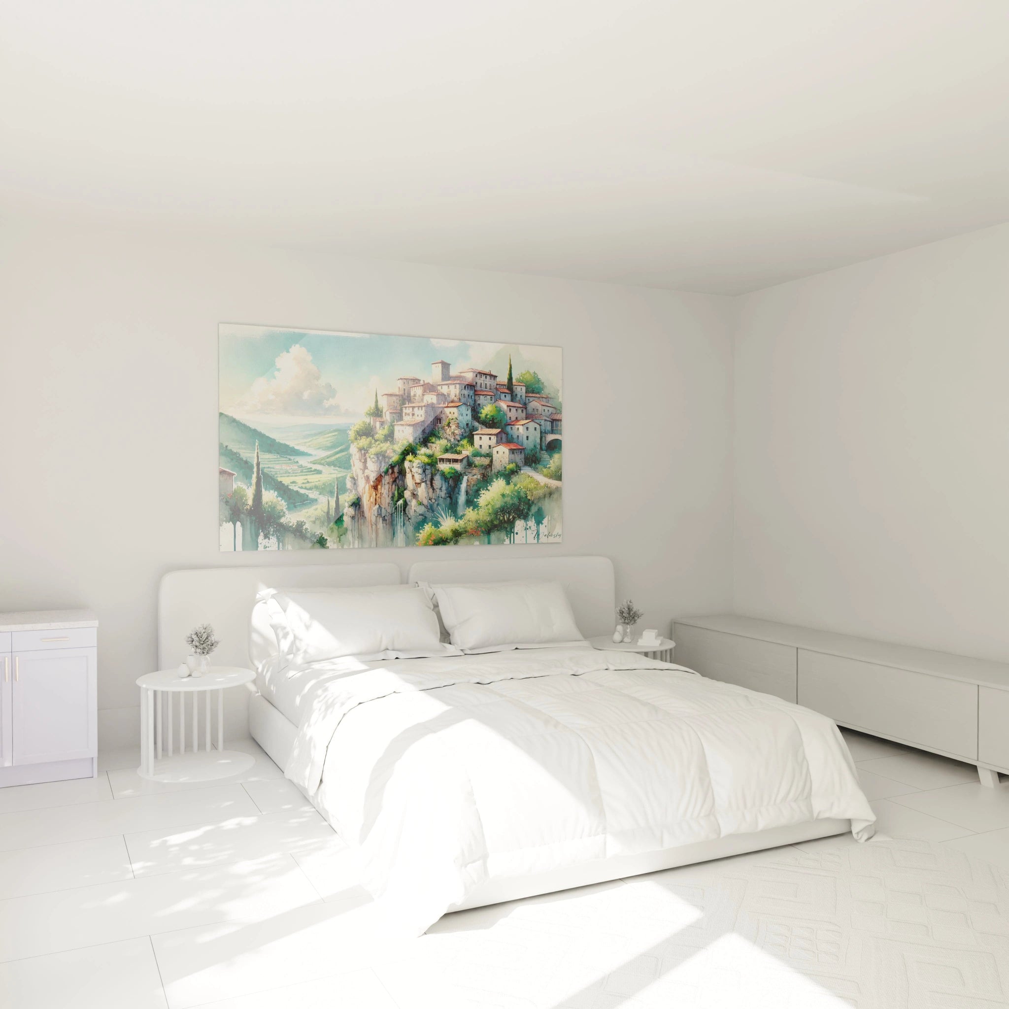 tableau france accroche dans une chambre au dessus du lit scene reposante village perche montagnes et toits rouges dans des tons doux et apaisants

