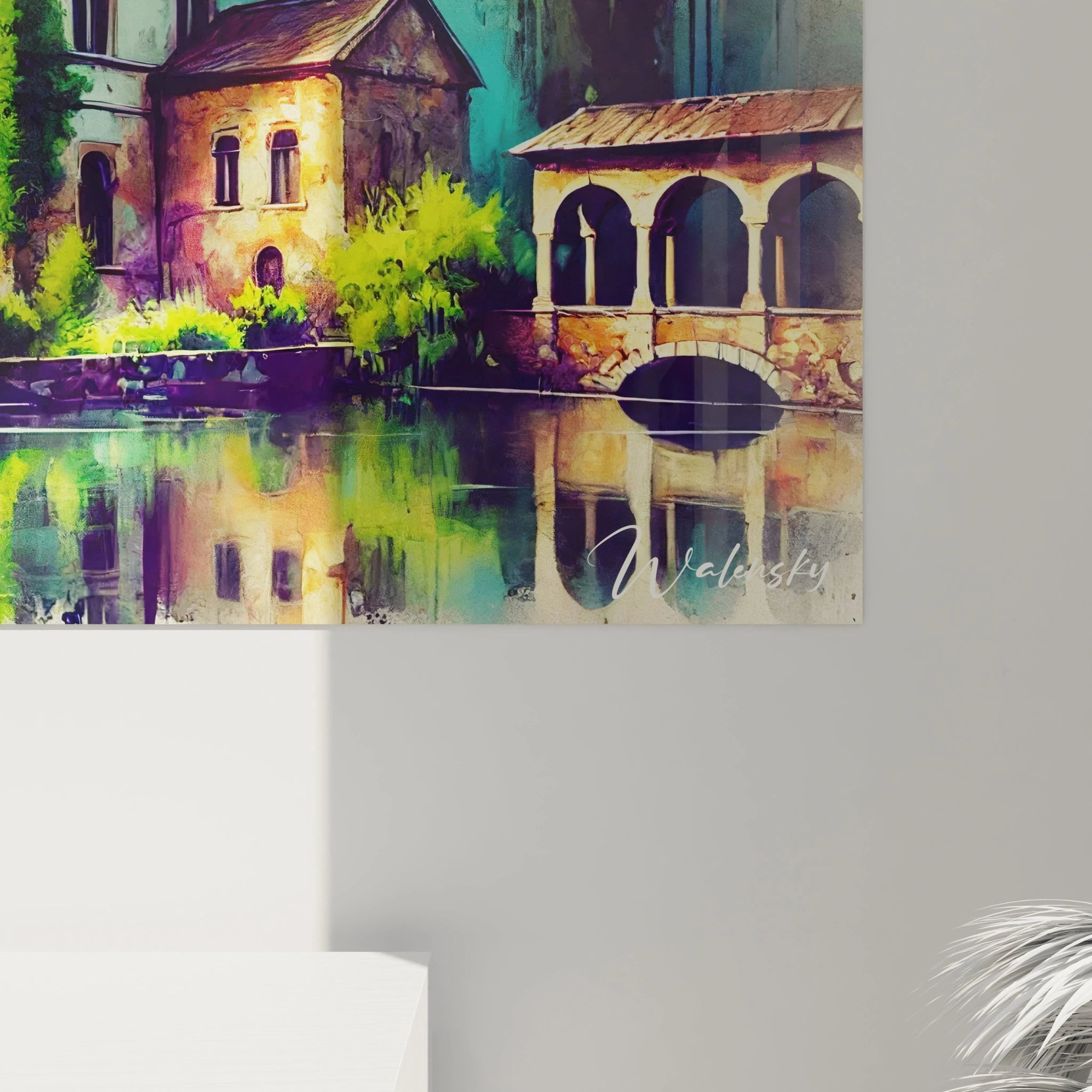 Vue de près tableau France détails fins château romantique pierres anciennes verdure reflet aquarelle tons verts bleus et beige textures délicates effet de transparence captivant

