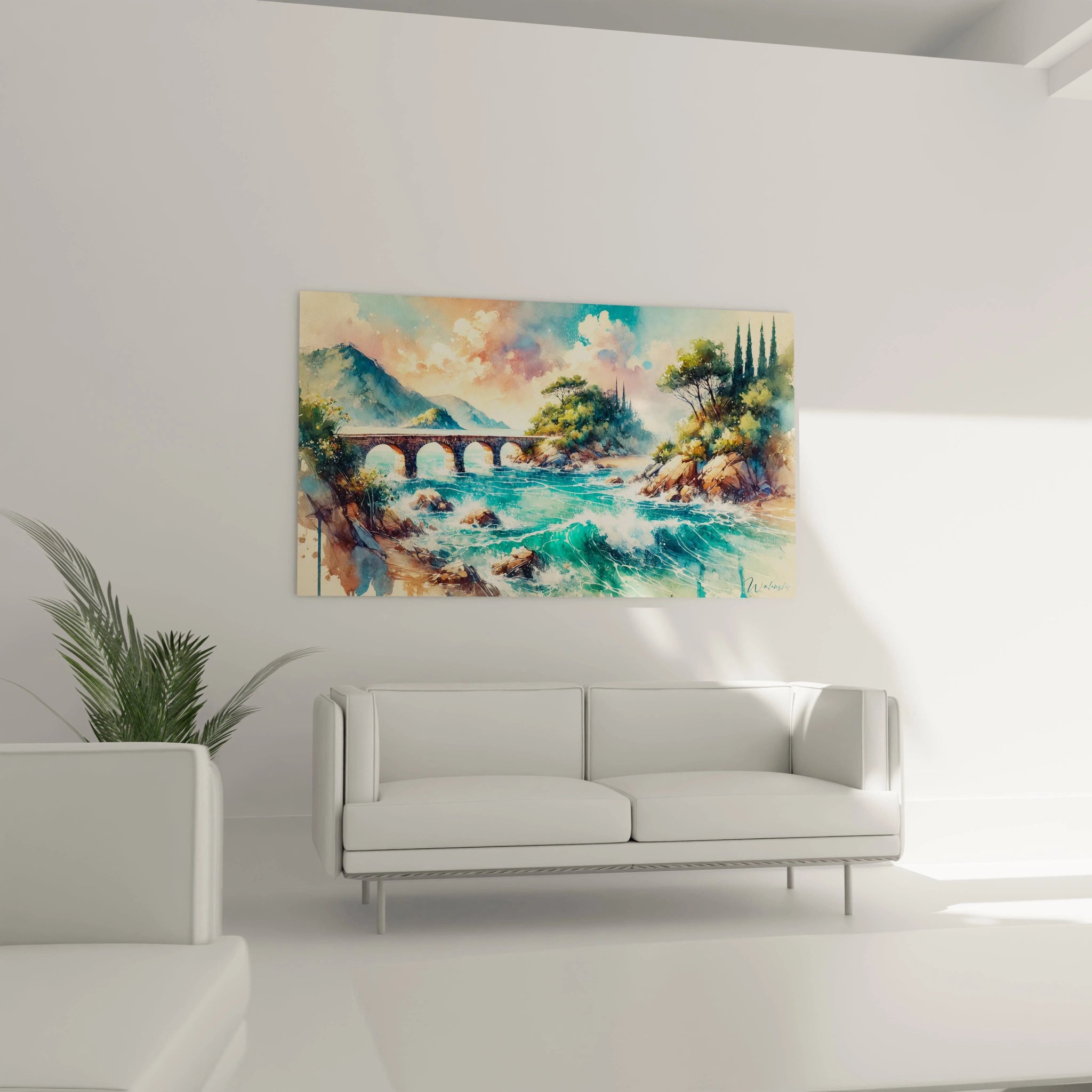 tableau france au dessus dun canapé ambiance douce bleu turquoise reflet vagues pont et montagnes apaisantes

