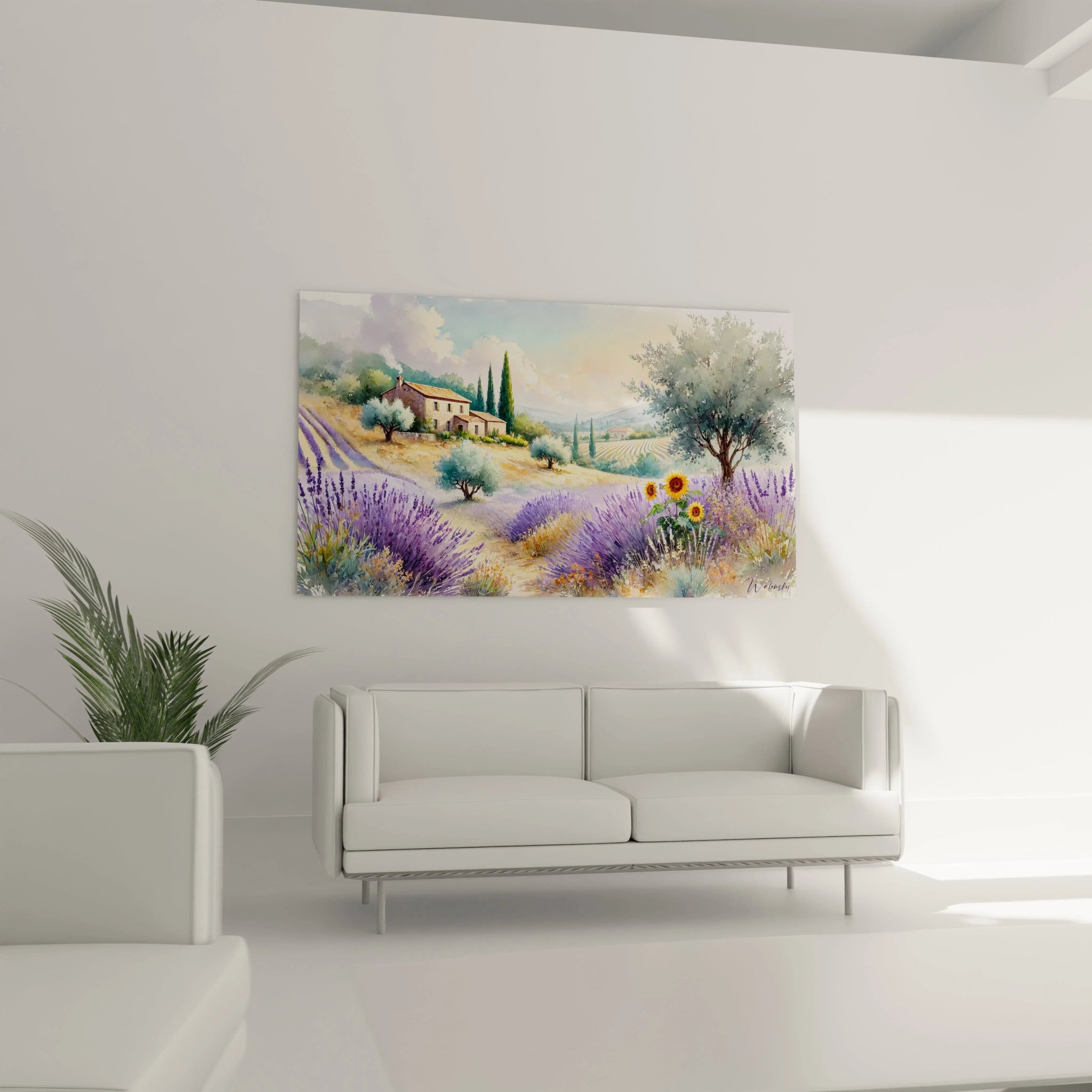 Tableau France installé dans un salon apporte chaleur et élégance couleurs provençales lavandes cyprès et tournesols contraste harmonieux pour un espace lumineux

