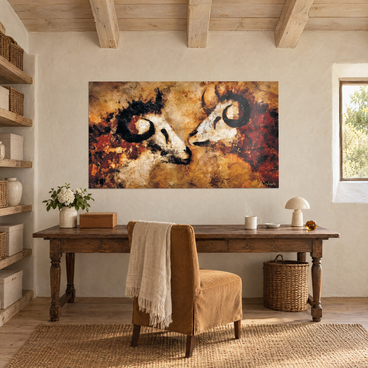 Schilderij grotkunst met zwarte halvemaanvormige hoorns op zand- en baksteenrode achtergrond, boven een antieke houten bureau