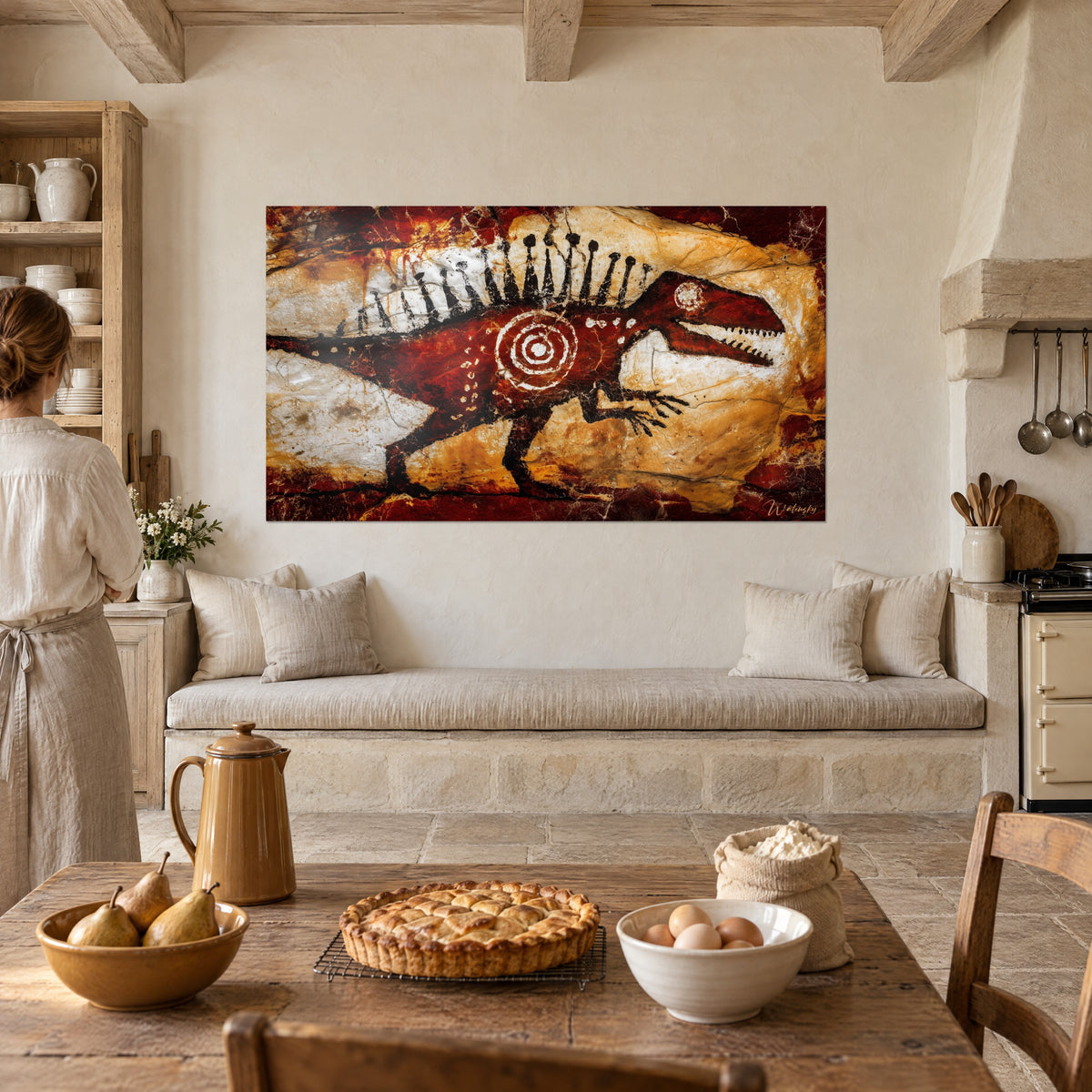 Schilderij Heilig dier met zwarte stekels op de rug, vurig rood en gele oker, boven een rustieke keukenbank