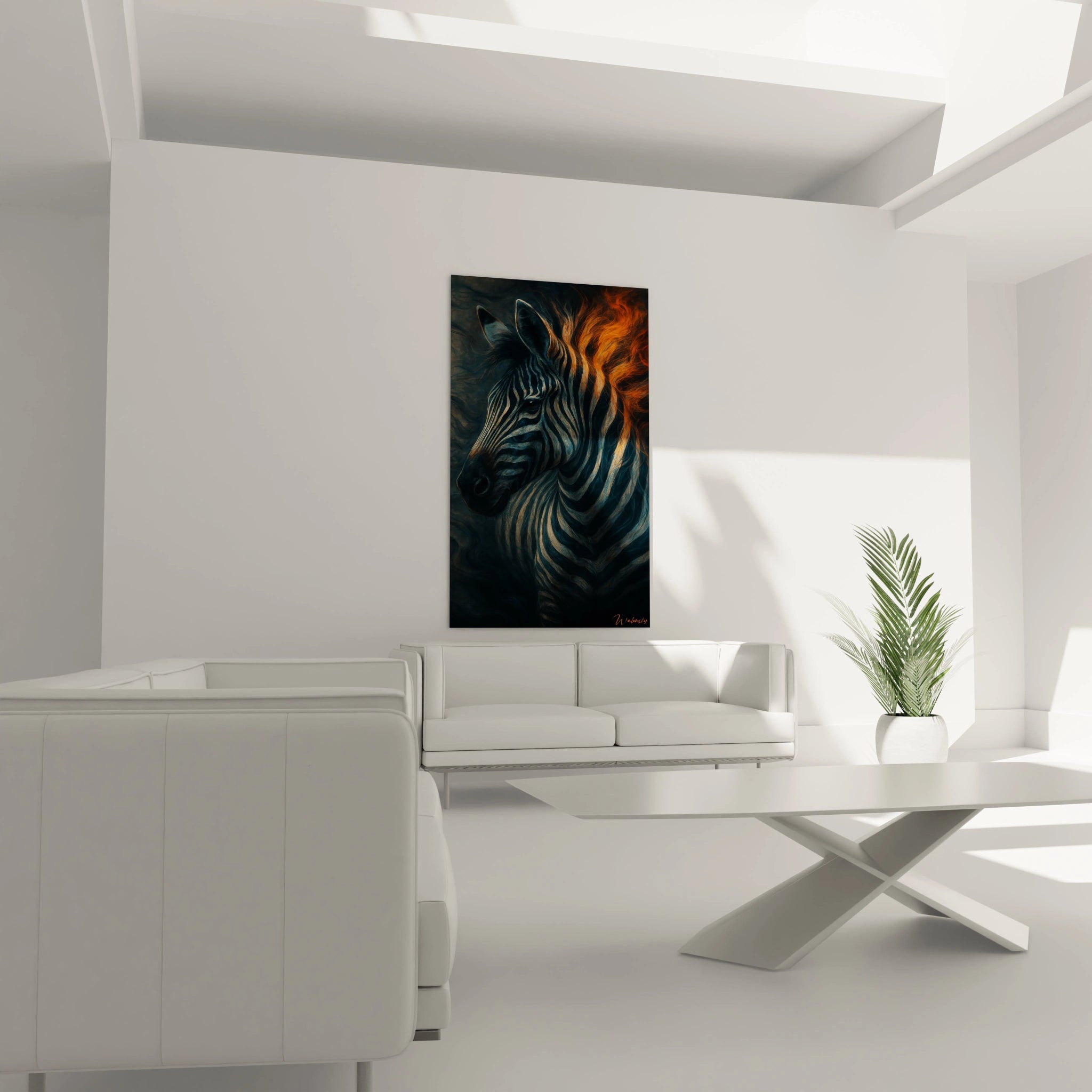 Un tableau zèbre flamboyant montrant un zèbre au regard intense sur fond abstrait. Mélange saisissant de noir, bleu profond et orange cuivré. Les textures ondulantes et les transitions douces entre couleurs créent un effet presque surnaturel.
