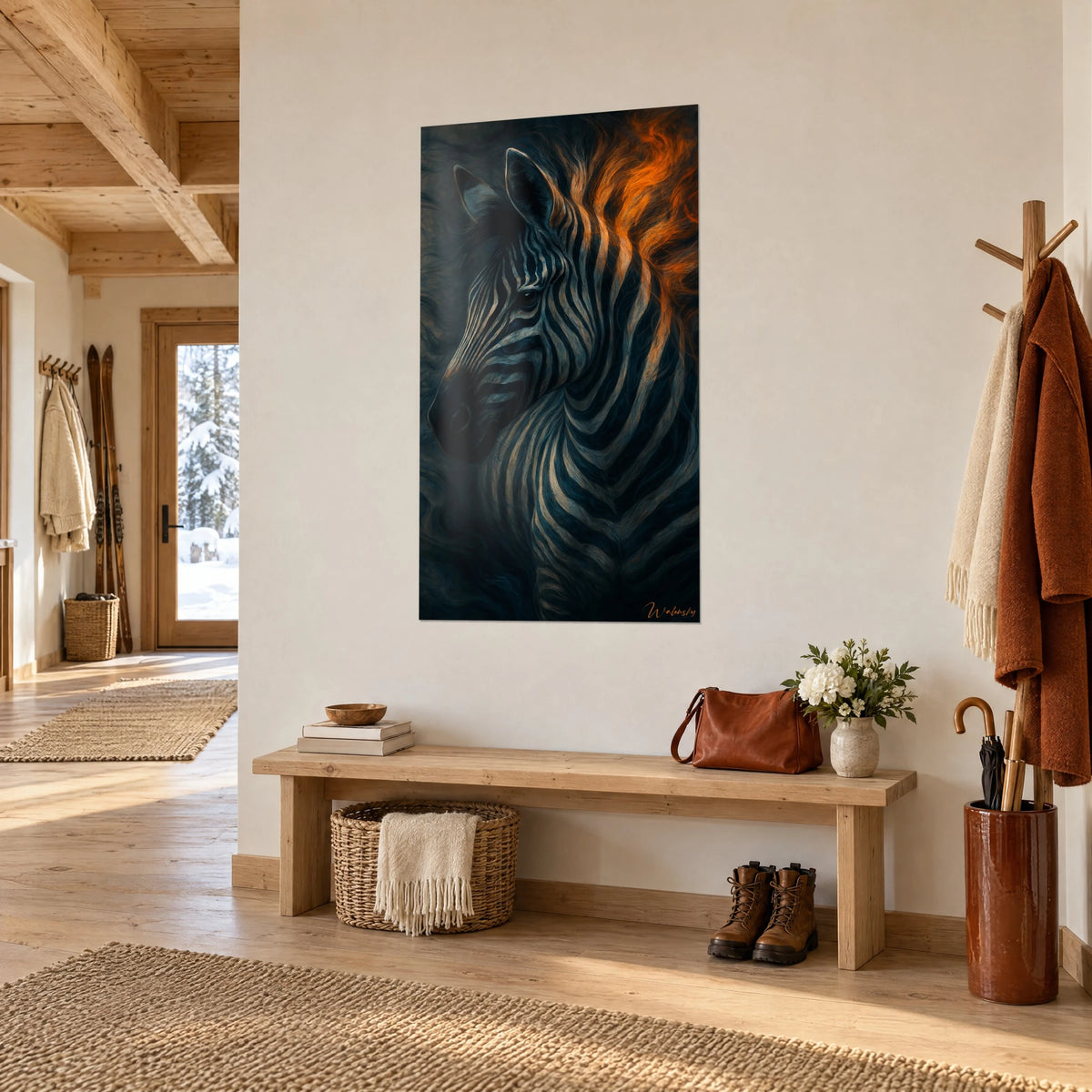 Tableau portrait de zèbre rayé, fond bleu nuit et mèches orange ardent, accroché près d'une console en bois dans l'entrée du chalet