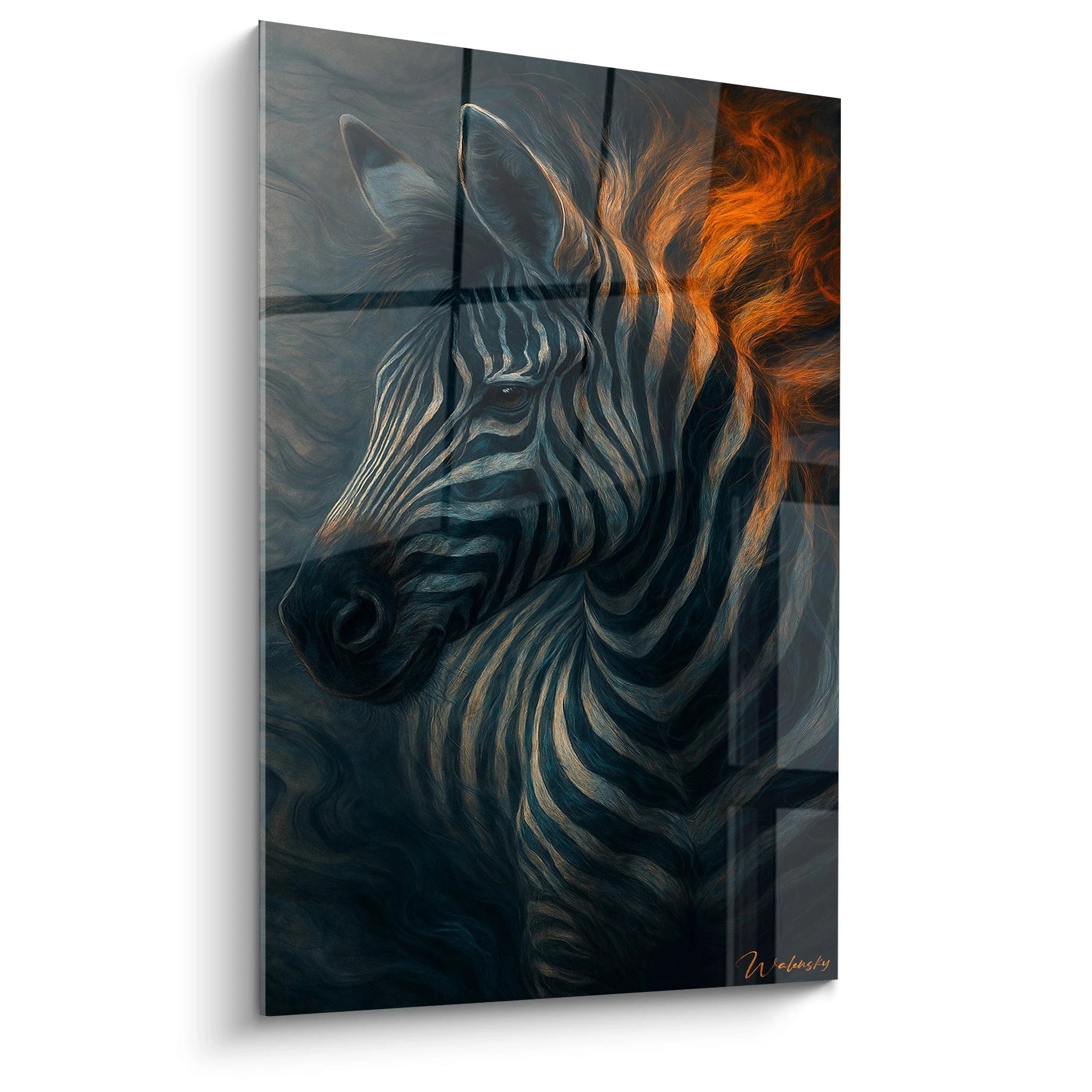 Un tableau zèbre artistique présentant un profil de zèbre sur fond sombre. Les rayures blanches contrastent avec le noir profond, tandis que des effets orange flamboyant illuminent la crinière. Textures fluides et fondus créent une atmosphère mystérieuse.
