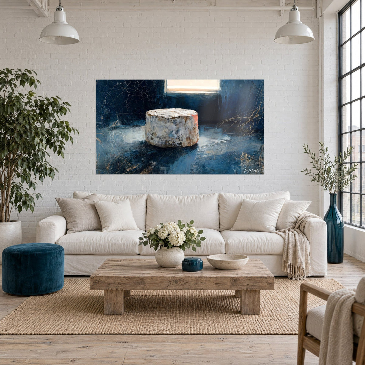 Tableau meule de fromage à croûte grise moussue, bleu nuit et filets dorés, au-dessus d'un canapé dans un salon lumineux