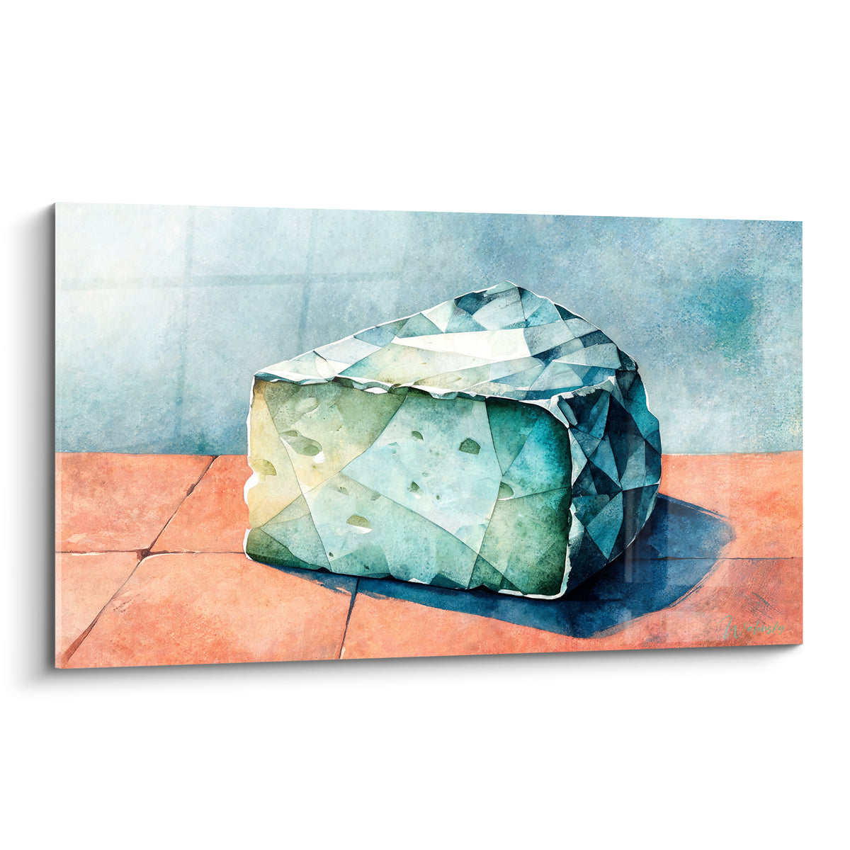 Fromage bleu aux facettes cristallines sur fond bleu pâle et sol terracotta