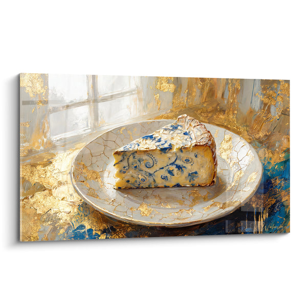 Tableau Fromage bleu doré sur assiette craquelée - Éclat gourmand doré - Edition Fromage