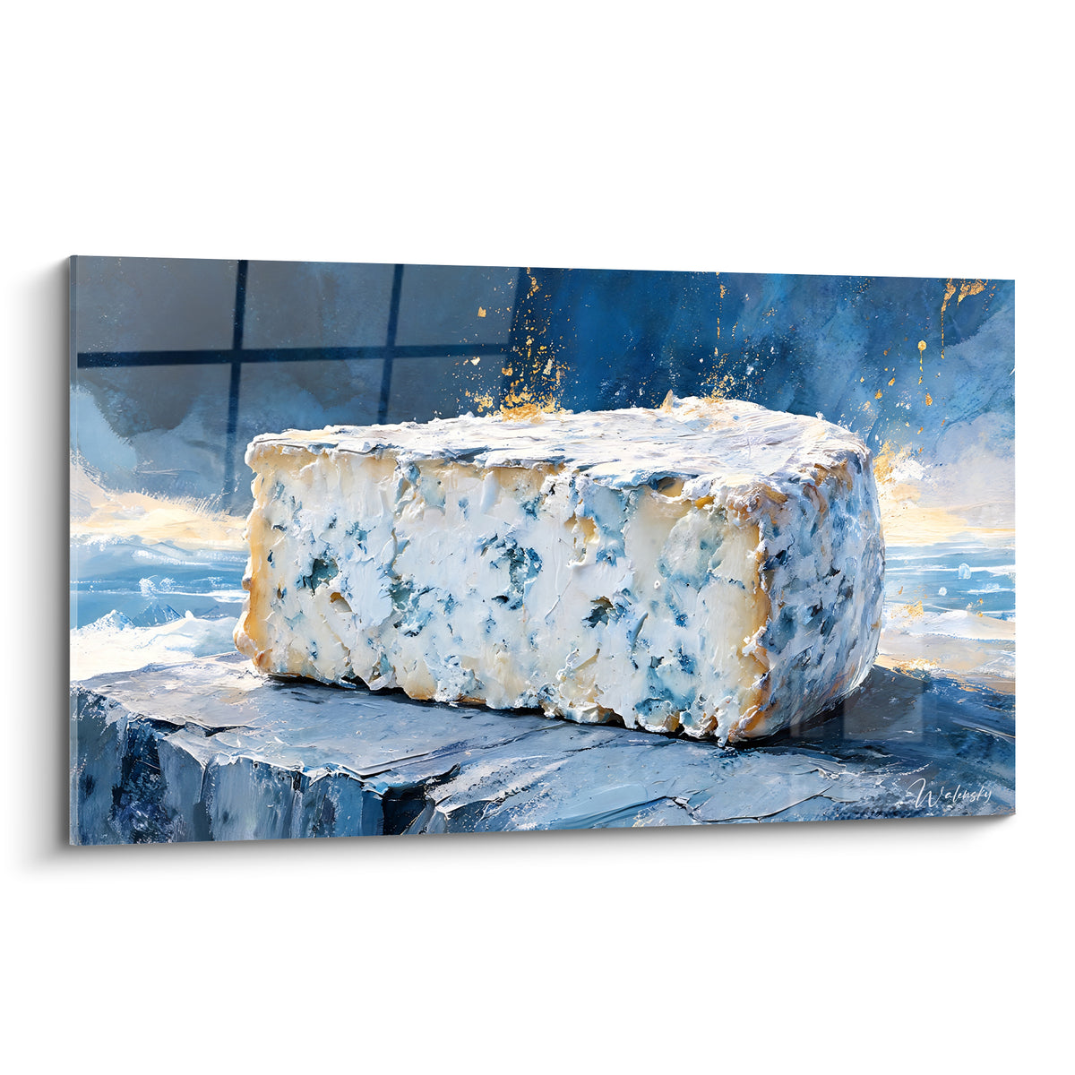 Bloc de fromage bleu marine et blanc veiné, éclats dorés sur fond bleu profond, texture picturale épaisse