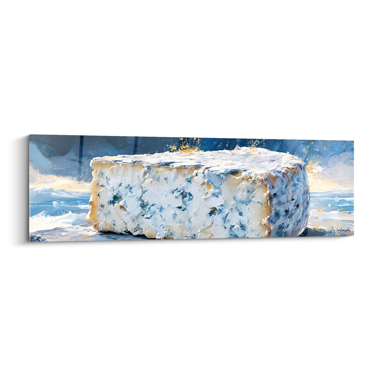 Bloc de fromage bleu marine et blanc crayeux, éclats dorés, texture picturale intense