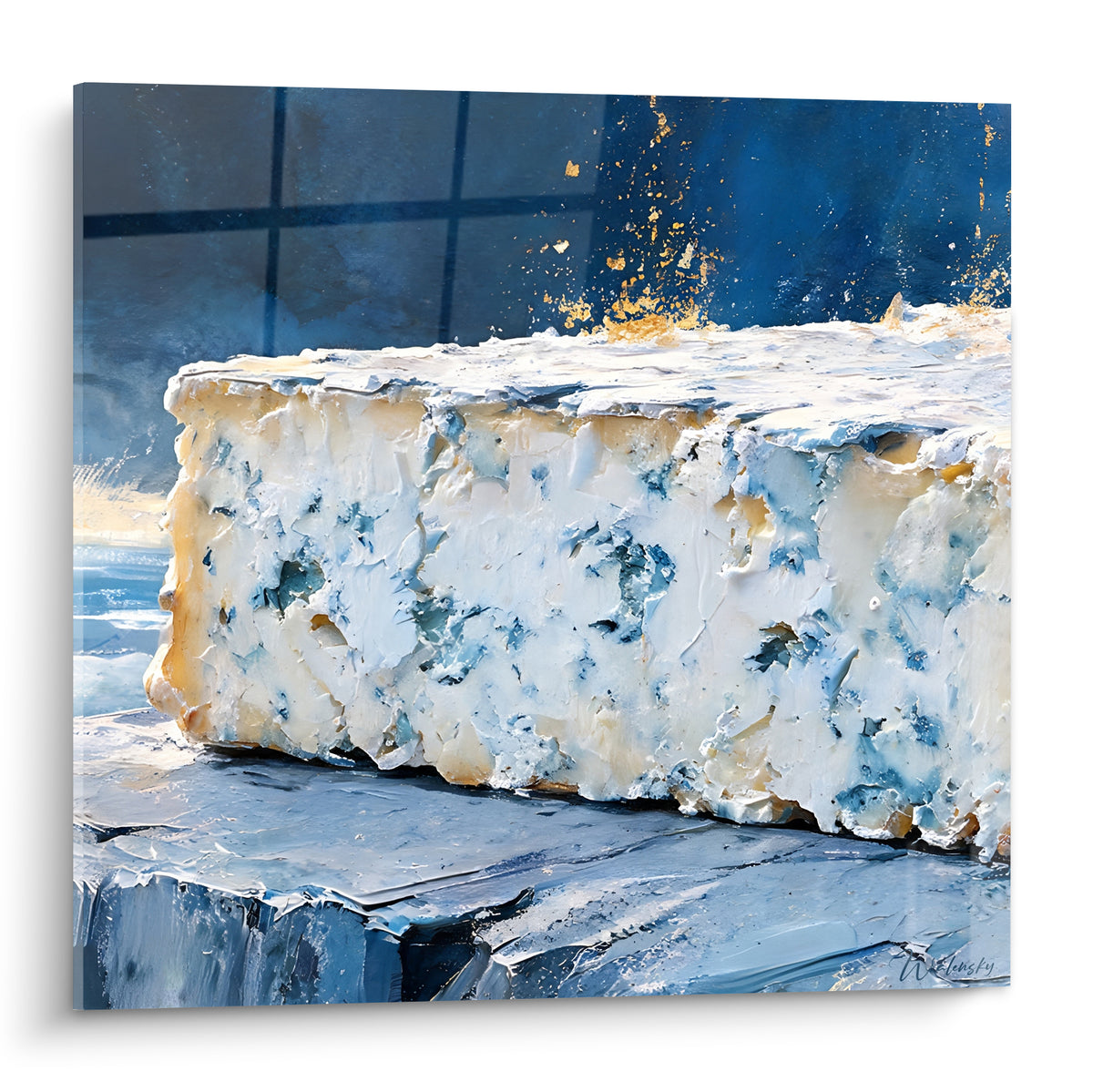 Bloc de fromage bleu et crème veiné d'anthracite, éclats dorés sur fond bleu marine texturé