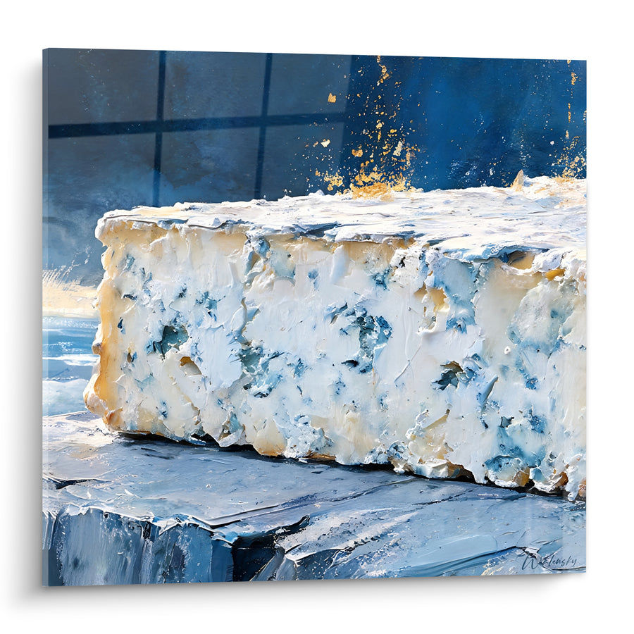 Tableau Bloc de fromage bleu et blanc doré - Éclat de cave affinée - Edition Fromage