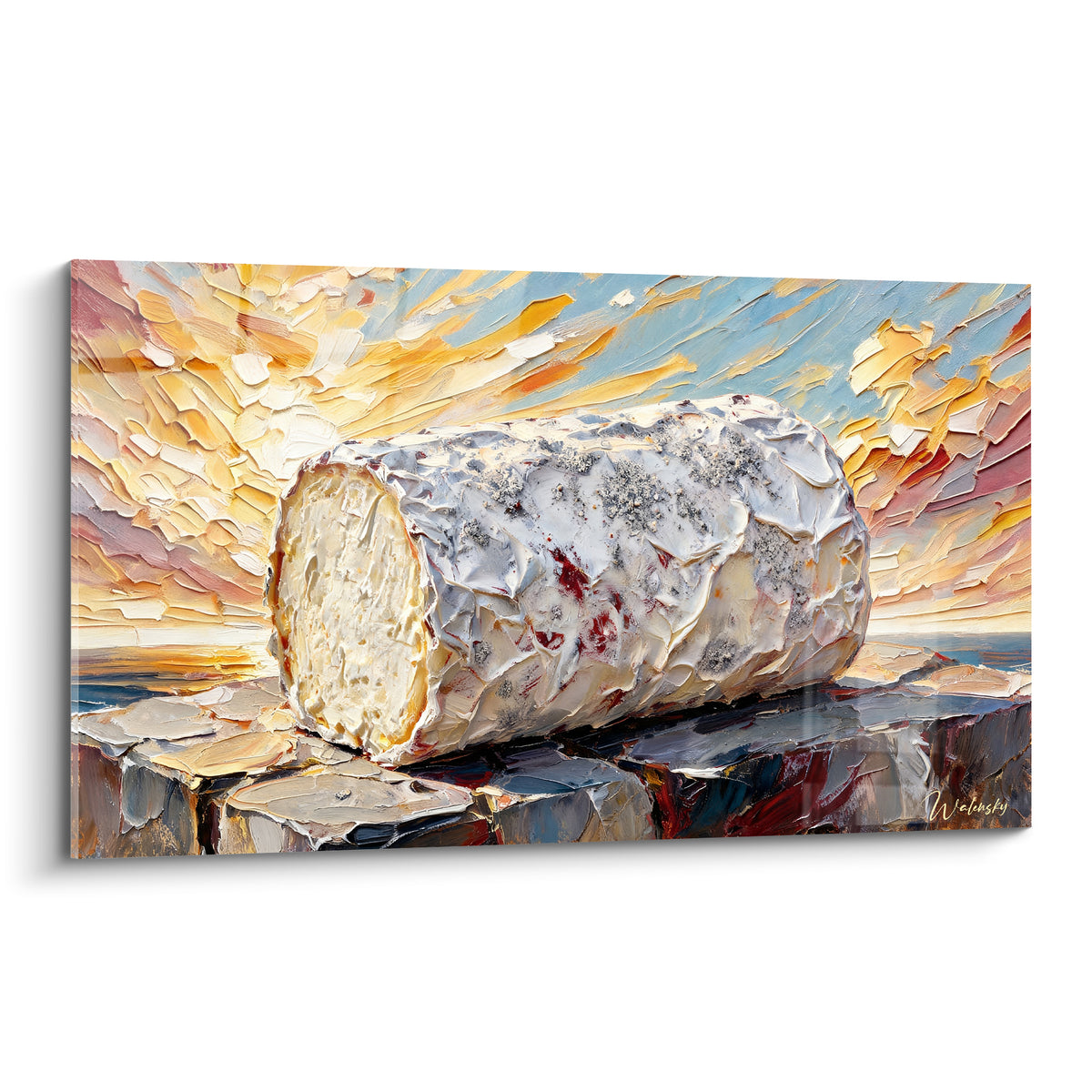 Bûche de chèvre à croûte cendrée et pâte ivoire, sous un ciel doré et bleu pastel flamboyant