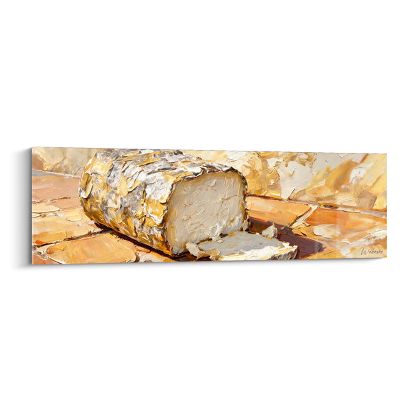 Tableau Bûche de chèvre blanche et dorée tranchée finement - Tranche fine posée - Edition Fromage