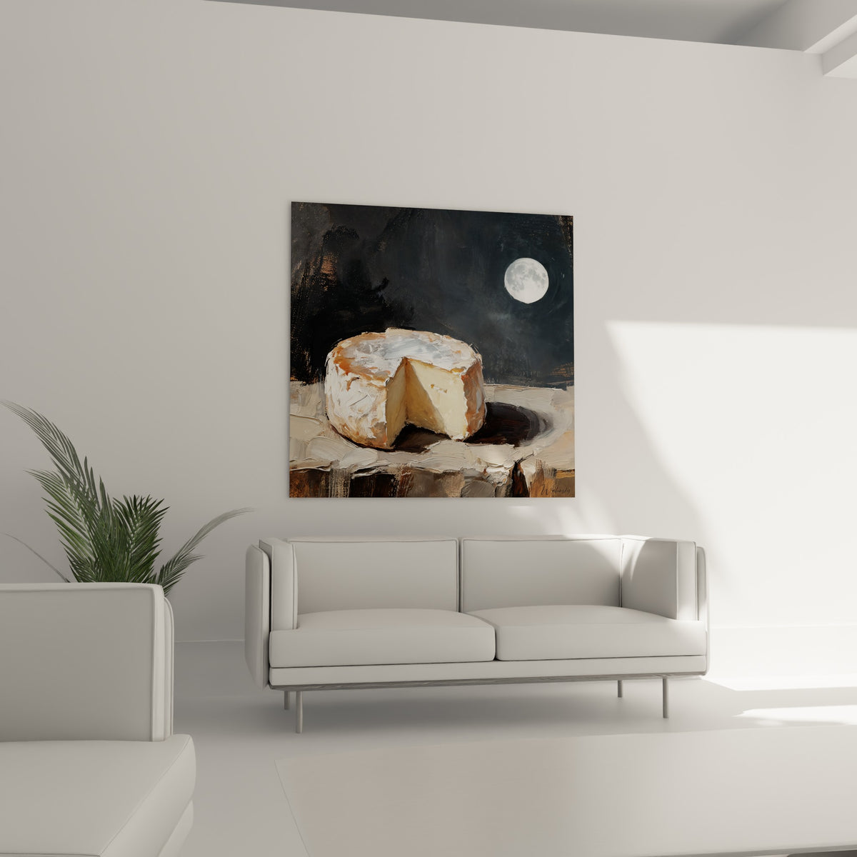 Camembert découpé aux nuances anthracite et crème, suspendu au-dessus d'un canapé dans un salon lumineux