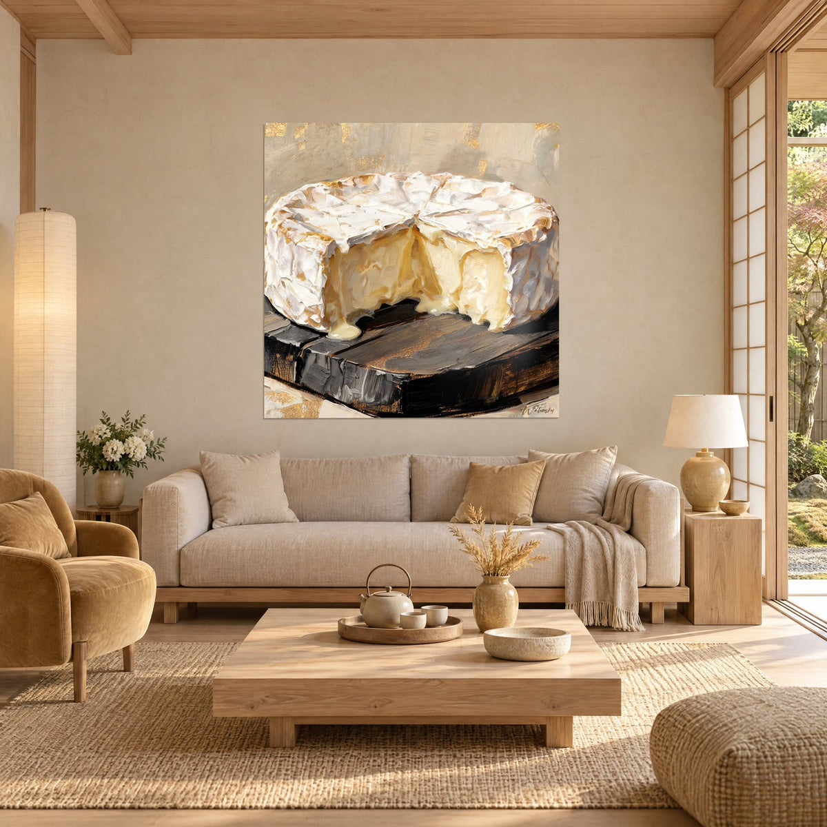 Quadro camembert colante con crosta bianca e riflessi dorati, cuore cremoso su tavola marrone, sopra un divano in un soggiorno luminoso