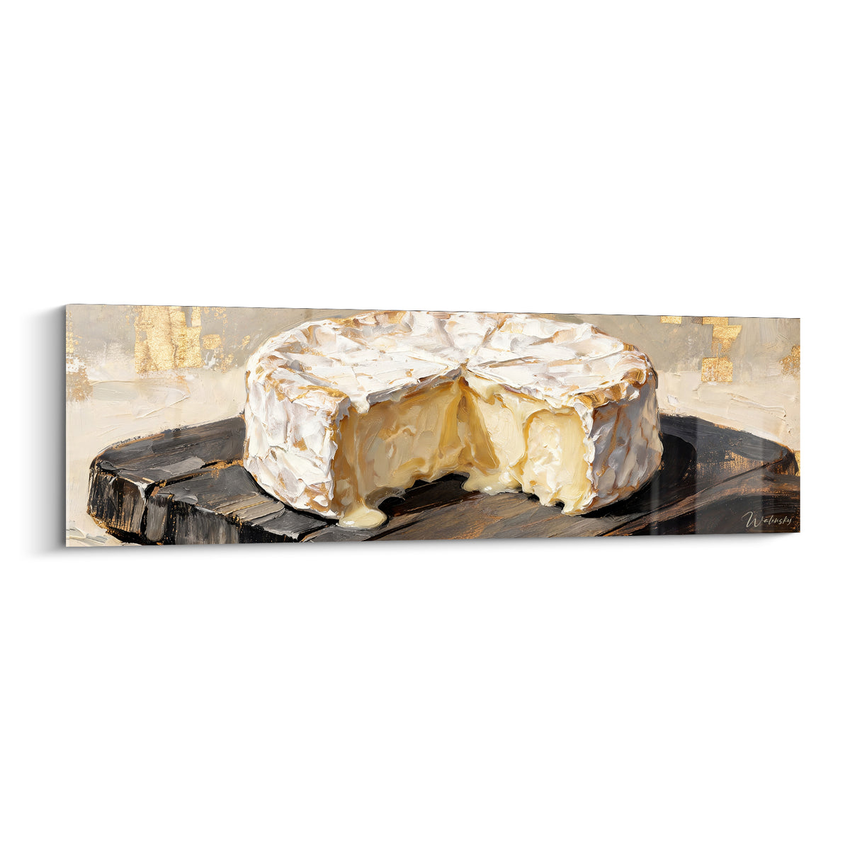 Wall art cut camembert in white and golden tones, oozing onto a painted anthracite board