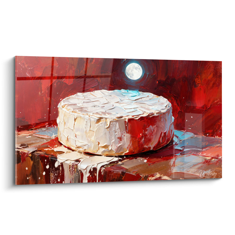 Tableau Camembert blanc entier sur fond rouge intense avec pleine lune - Lune bleutée en arrière-plan - Edition Fromage