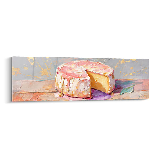 Tableau Camembert rose et doré aux coulées perlées - Nappe violette éclaboussée - Edition Fromage