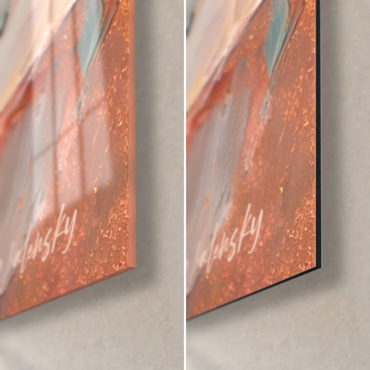 Quadro camembert in rosa e grigio, angolo in basso a destra: vetro acrilico lucido con riflessi, alluminio Dibond opaco color rame, spessore 3 mm