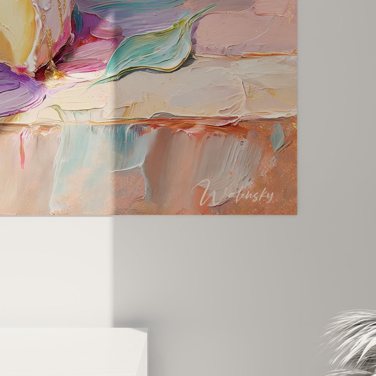 Empâtements crémeux roses et dorés, coulures violettes et vertes, grain épais de la peinture sur toile