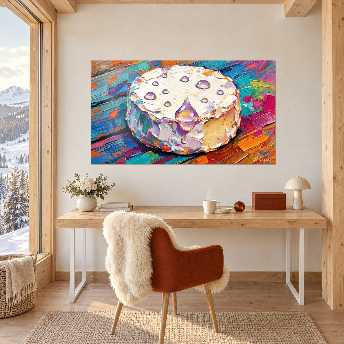 Wall art cheese wheel coated in ivory cream, shiny lilac drops, orange and blue background, facing a chalet desk