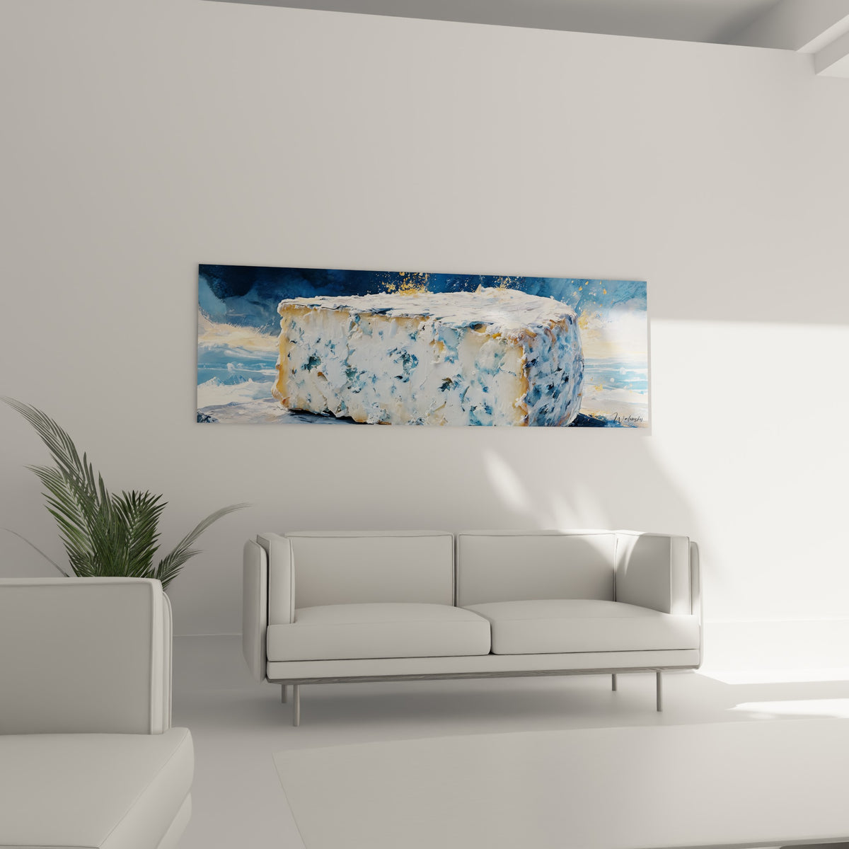 Fromage bleu givré et crémeux, reflets dorés éclatants, au-dessus d'un canapé dans un salon lumineux
