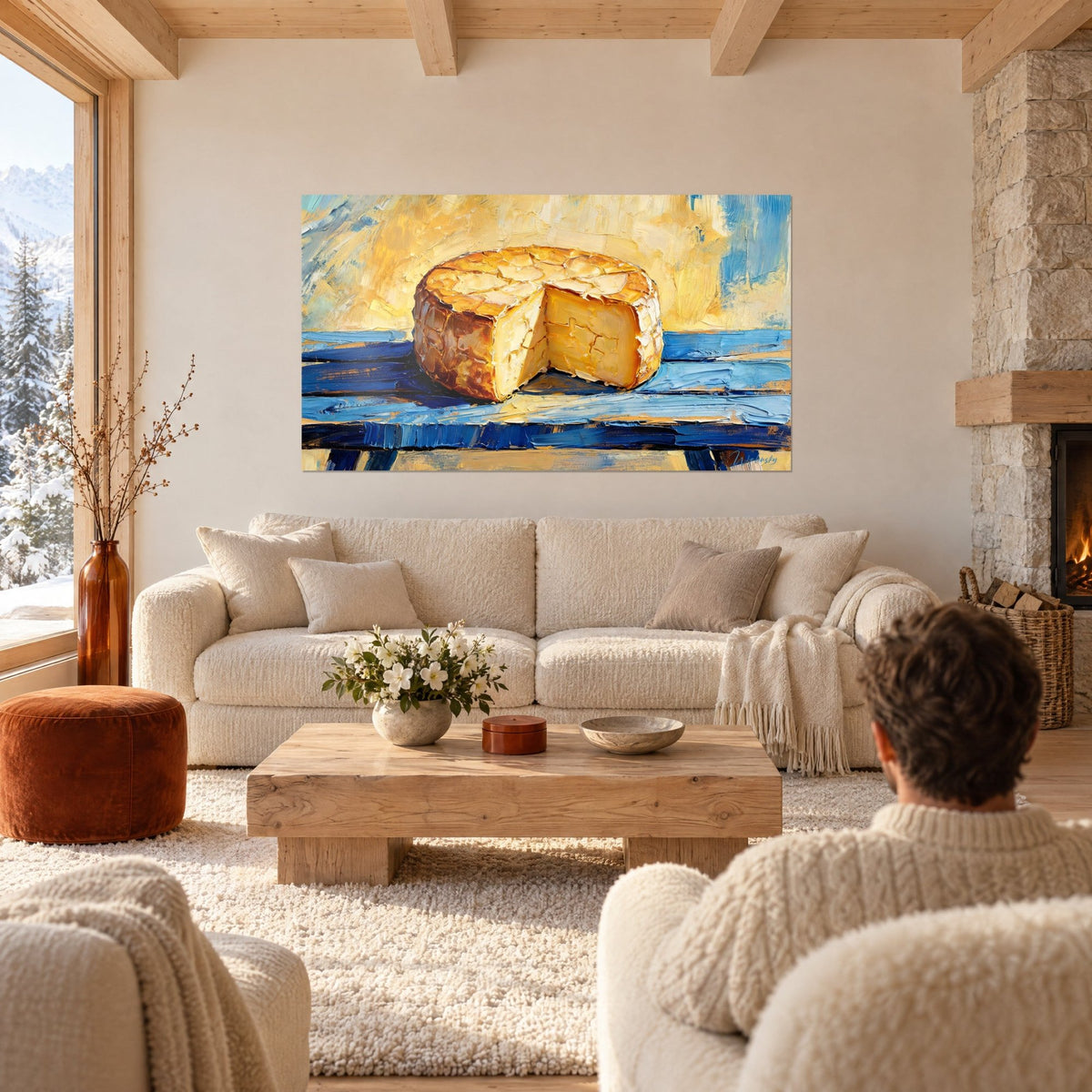 Tableau meule de fromage entamée, croûte ocre et table bleu cobalt, personne de dos, au-dessus d'un canapé dans un salon lumineux