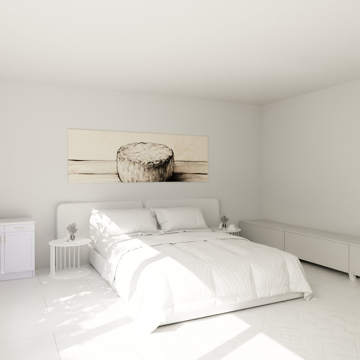 Fromage dessiné au fusain, tons beige et gris, accroché au-dessus d'un lit dans une chambre claire