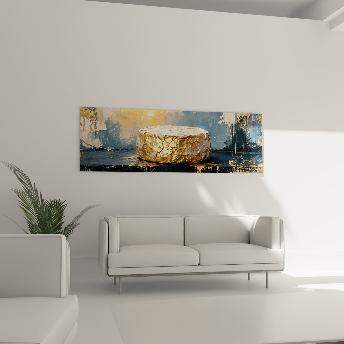 Croûte craquelée doré et blanc d'une meule de fromage, au-dessus d'un canapé dans un salon lumineux