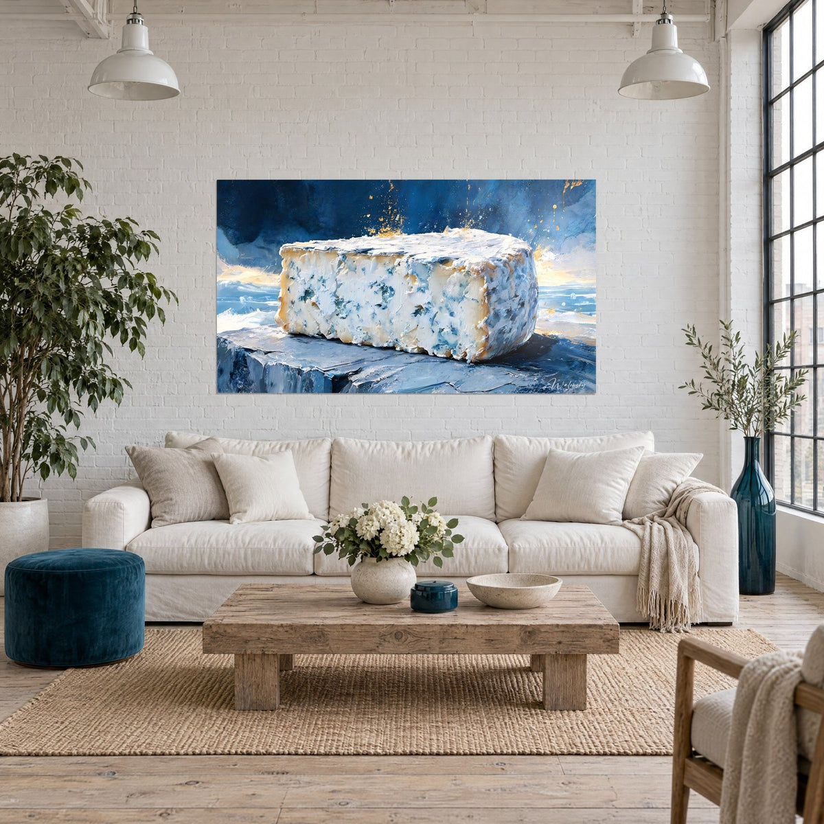 Tableau bloc de fromage bleu aux veines indigo et croûte ocre, éclats dorés, au-dessus d'un canapé dans un salon lumineux