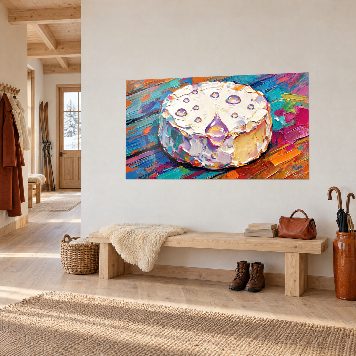 Wall art white cheese wheel dotted with purple drops, magenta and blue touches, hung above a wooden bench in a chalet entrance
