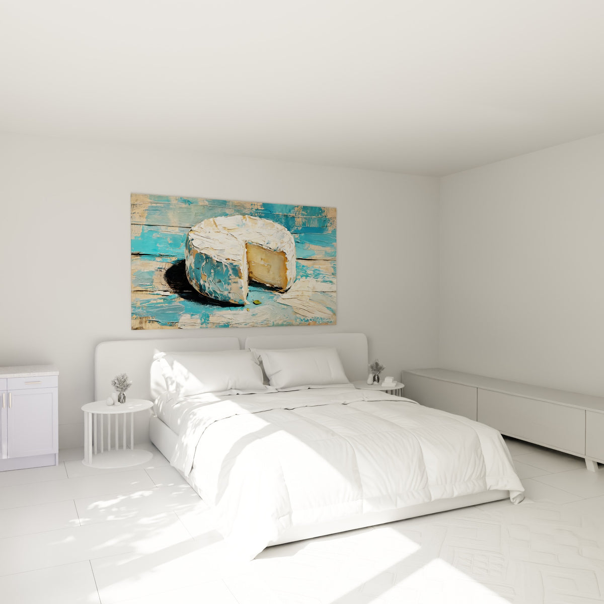 Fromage crème et blanc à la croûte texturée accroché au-dessus d'un lit dans une chambre claire