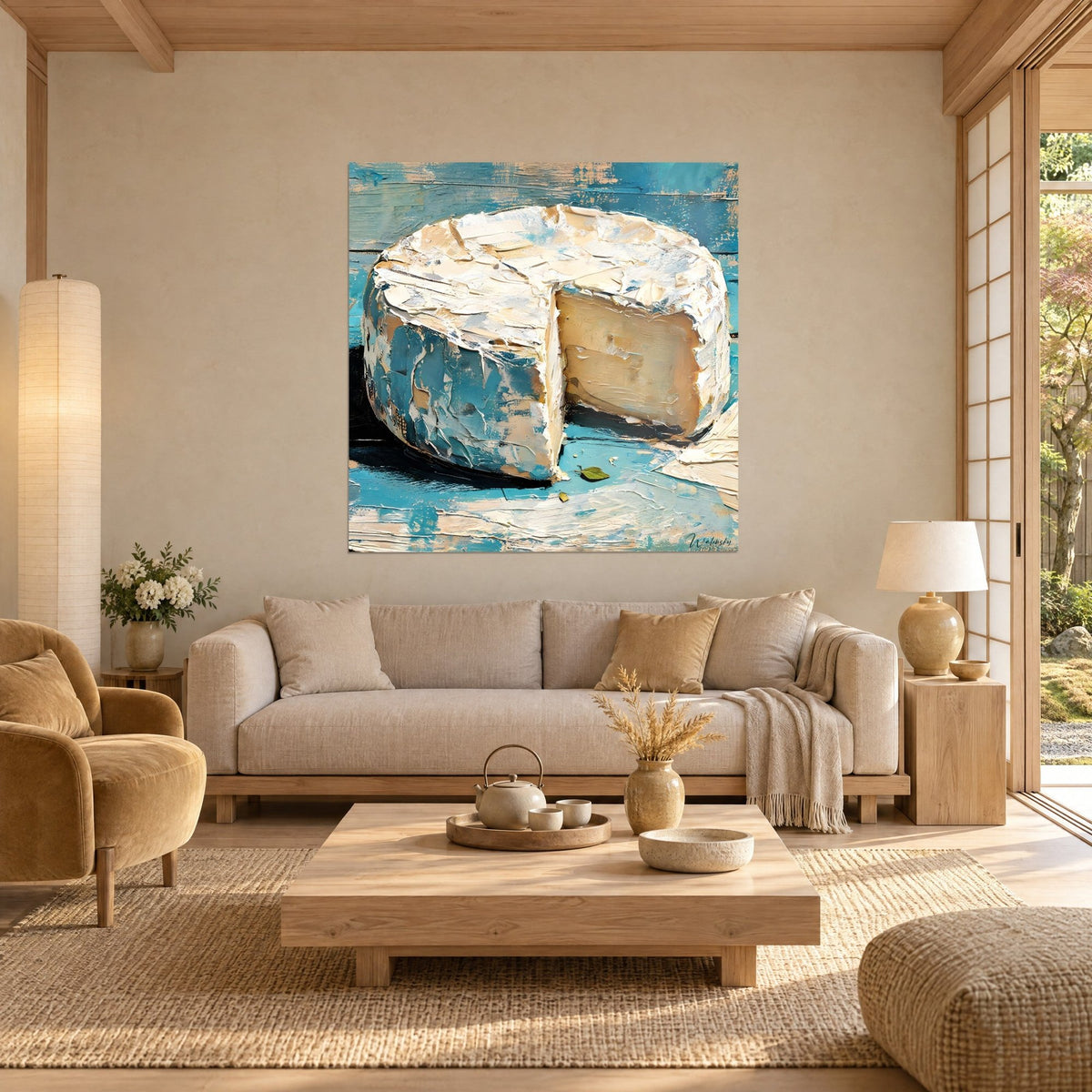 Schilderij romig kaaswiel met spatel geschilderd, witte korst en turquoise achtergrond, boven een bank in een lichte woonkamer