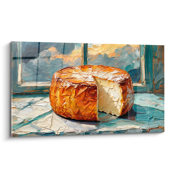 Tableau Meule entamée orange et turquoise devant fenêtre - Empâtements à la spatule - Edition Fromage