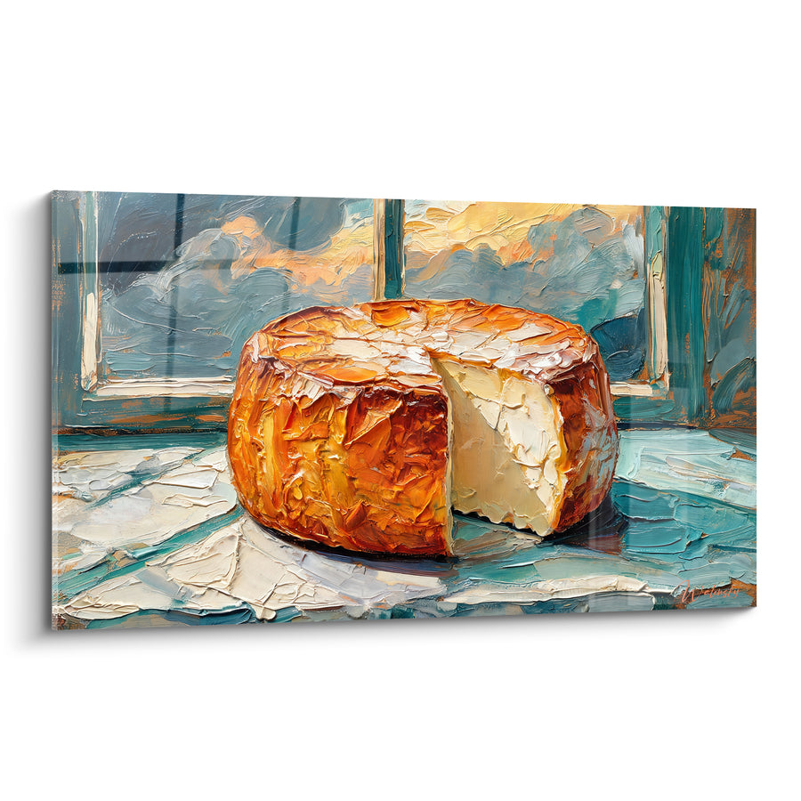 Tableau Meule entamée orange et turquoise devant fenêtre - Empâtements à la spatule - Edition Fromage