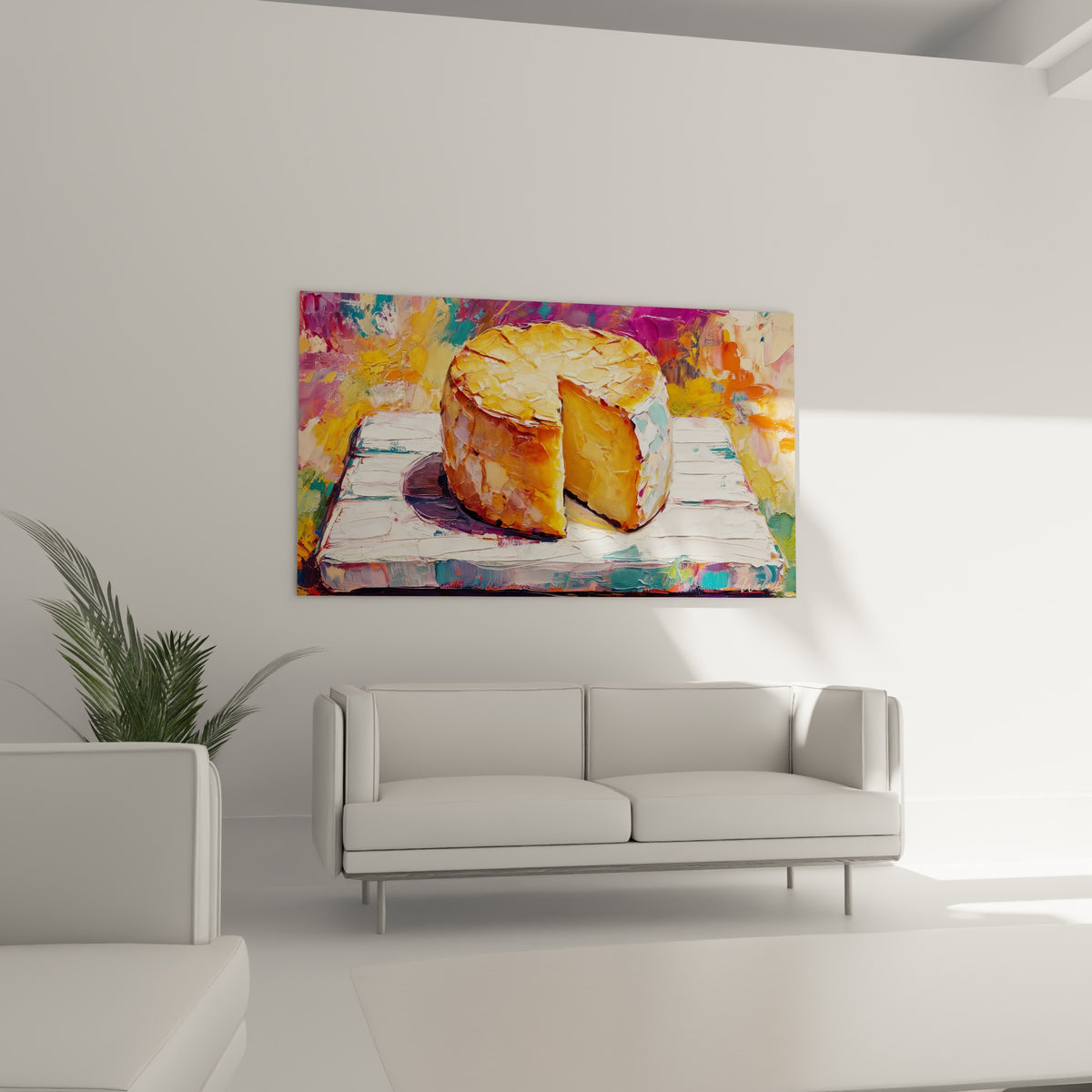 Croûte orangée d'une meule entamée aux reflets turquoise, suspendue au-dessus d'un canapé dans un salon lumineux