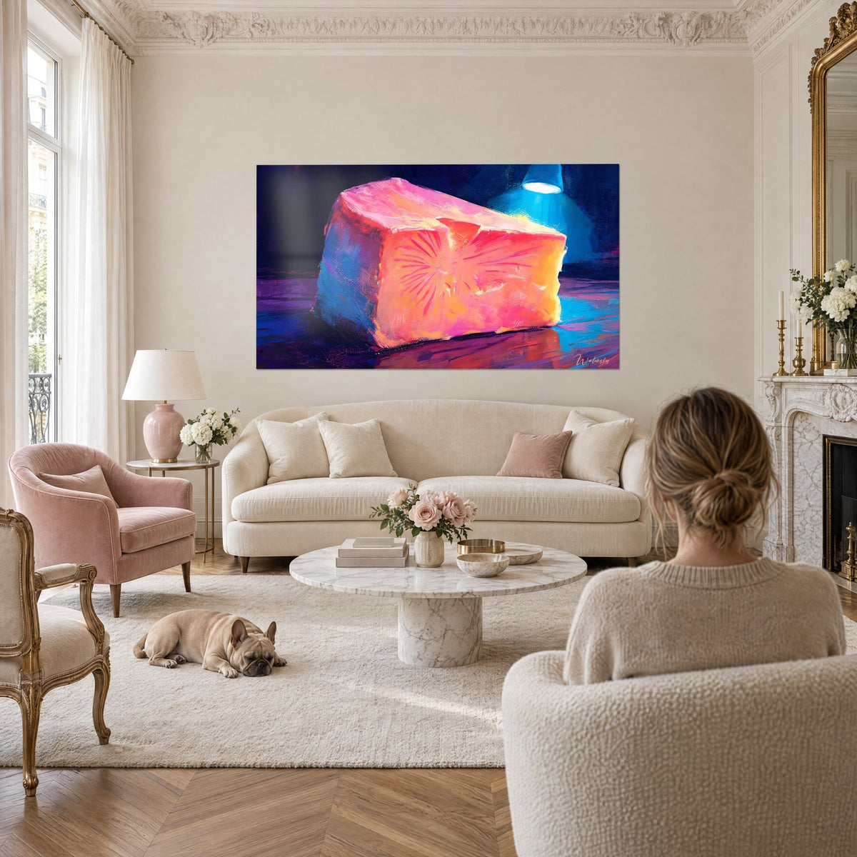 Tableau bloc de fromage rose et orangé sous un halo bleu, une femme de dos et son bulldog, au-dessus d'un canapé dans un salon lumineux