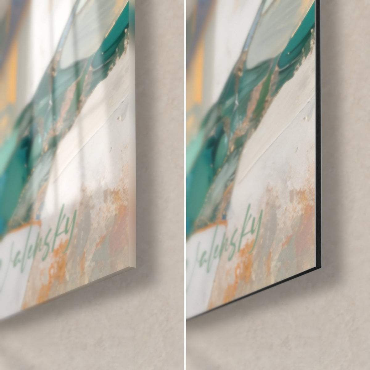 Schilderij kaaswiel in mozaïek, rechtsonder: glanzend acrylglas met turquoise en gouden reflecties, mat Dibond-aluminium, 3 mm dik