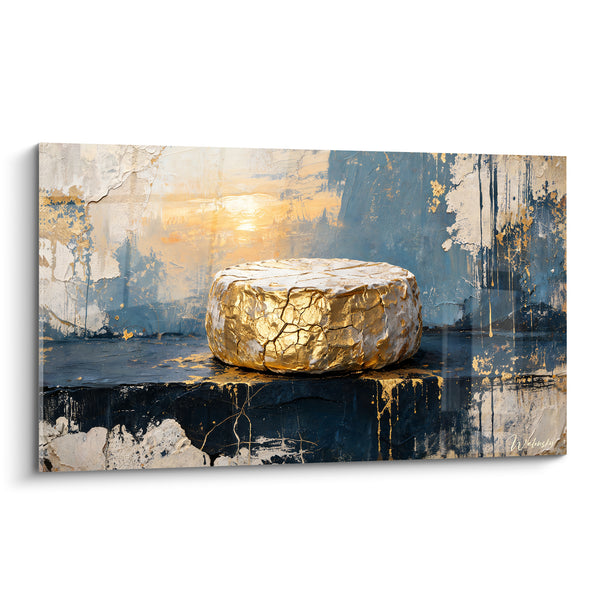Tableau Meule dorée et bleue au soleil levant - Coulures d'or noir - Edition Fromage