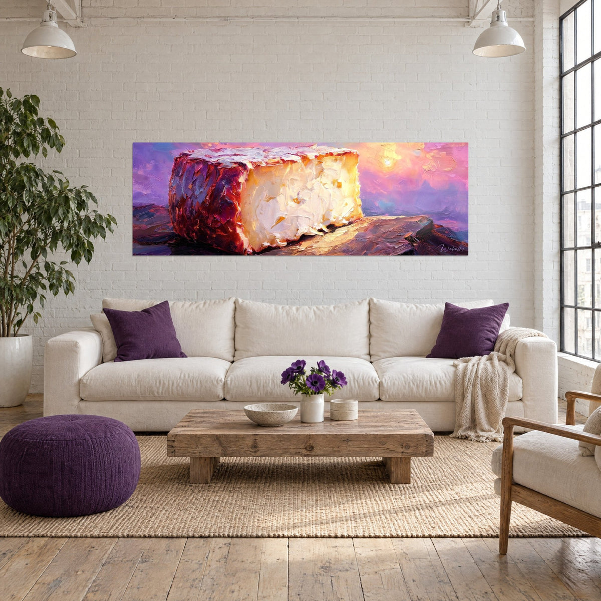 Cuadro Queso de pasta cremosa bajo un cielo rosa y violeta, corteza púrpura, sobre un sofá en un salón luminoso