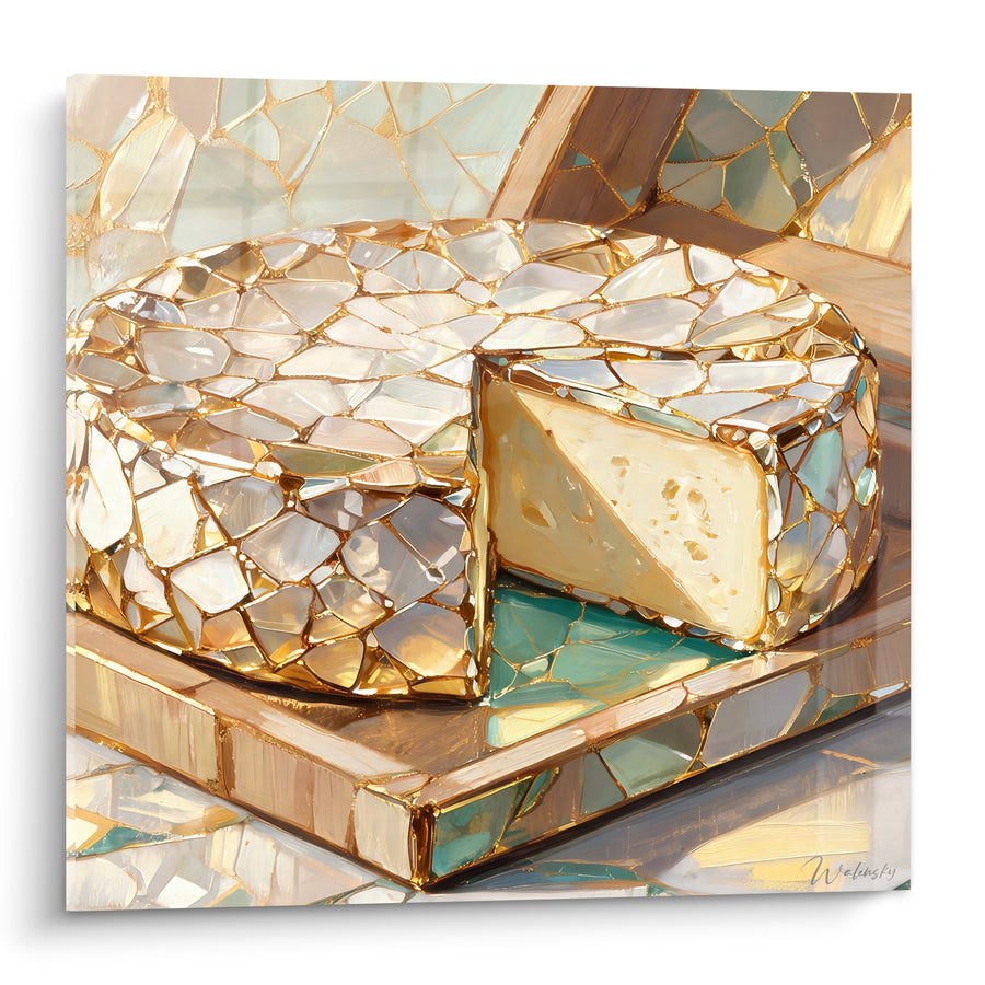 Tableau Meule de fromage blanche et dorée façon vitrail - Craquelures façon mosaïque - Edition Fromage